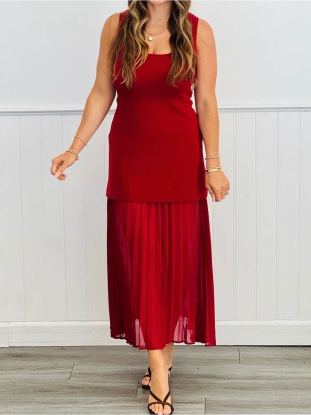 Galita Size Large Burgandy Pleated Chiffon Scoop Neck Layered Maxi Dress NWOT